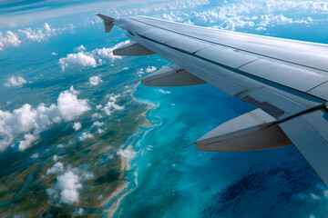 Obraz premium View from airplane window showing aircraft wing over tropical coastline with turquoise waters and scattered white clouds