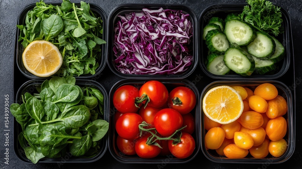 Poster a vibrant display of fresh vegetables in neatly arranged containers, showcasing their colors and div