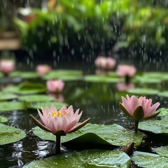 Tranquil Water Lily Pond with Pink Flowers and Green Leaves