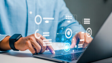A digital illustration of a business analytics interface overlaid on a laptop workspace