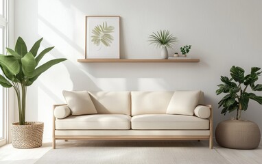 Scandinavian living room with a minimalist wooden shelf, neutral-colored sofa, and modern artwork