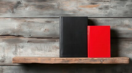 This image showcases a minimalist display of a black and red book on a rustic wooden shelf, creating a warm and inviting ambiance for reading enthusiasts.