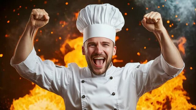 Chef celebrates culinary success with enthusiastic expression