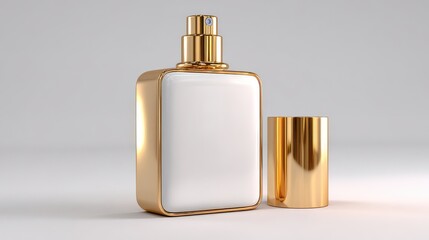 Gold perfume bottle with a gold cap and a gold top. for-mochup-3D-isolated-background