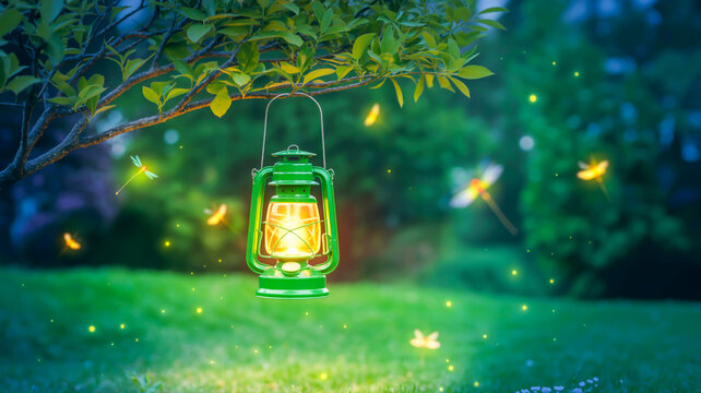 A magical nighttime garden scene featuring a glowing green vintage lantern hanging from a tree branch