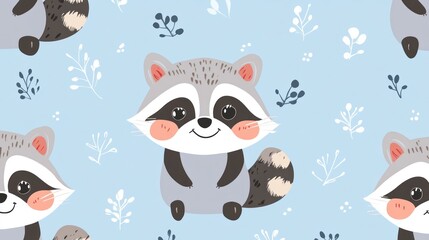 Cute raccoon pattern on a light blue background