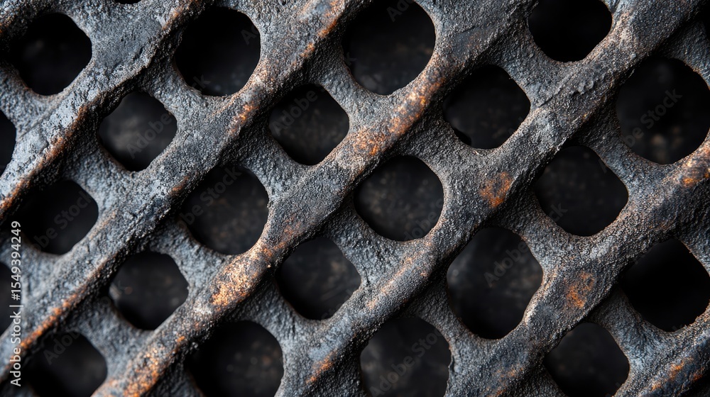 Poster an artistic close-up view of a rusted metallic surface, featuring distinct holes creating a captivat
