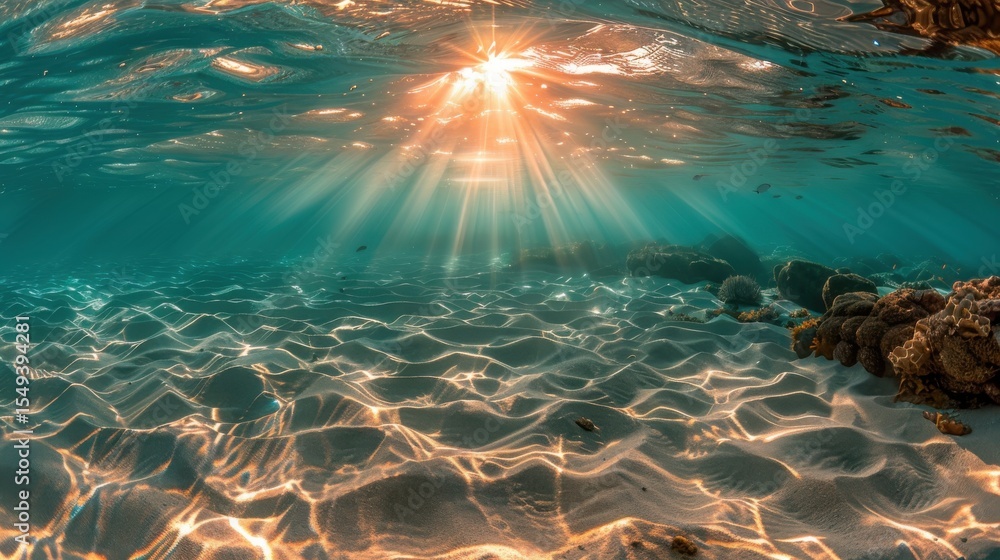Poster capturing a mesmerizing underwater scene, this image showcases shimmering sunlight filtering through