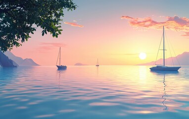 Serene ocean bay with calm waters and a few boats in the distance