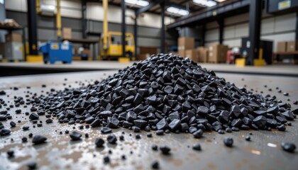 Fototapeta premium Activated charcoal concept. Pile of black material in an industrial warehouse setting.