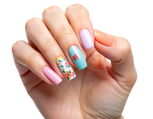 Bright Summer Manicure Close-Up with Colorful Nails and Floral Design, isolated on a transparent background