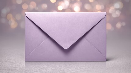 Minimal kraft paper envelope in pastel lilac with tear-away seal on a softly blurred stationery desk backdrop