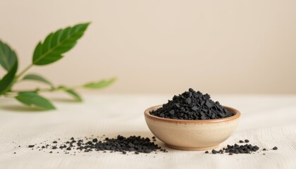 Activated charcoal concept. Bowl of black seeds with green leaves on a light background.