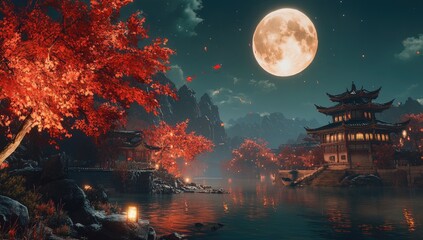 Asian landscape at night, full moon