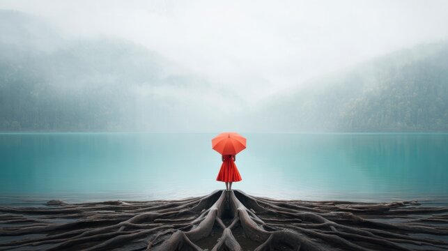 Woman with umbrella on lake roots