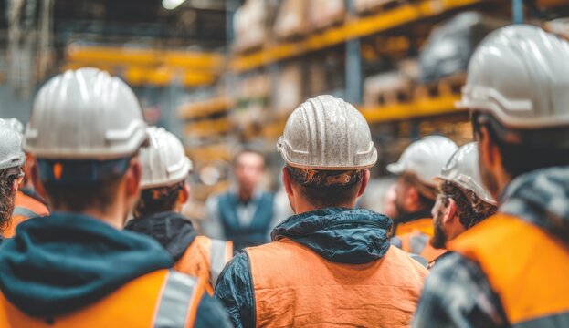 Safety-conscious industrial team in hard hats and vests attentively participates in a warehouse meeting.
