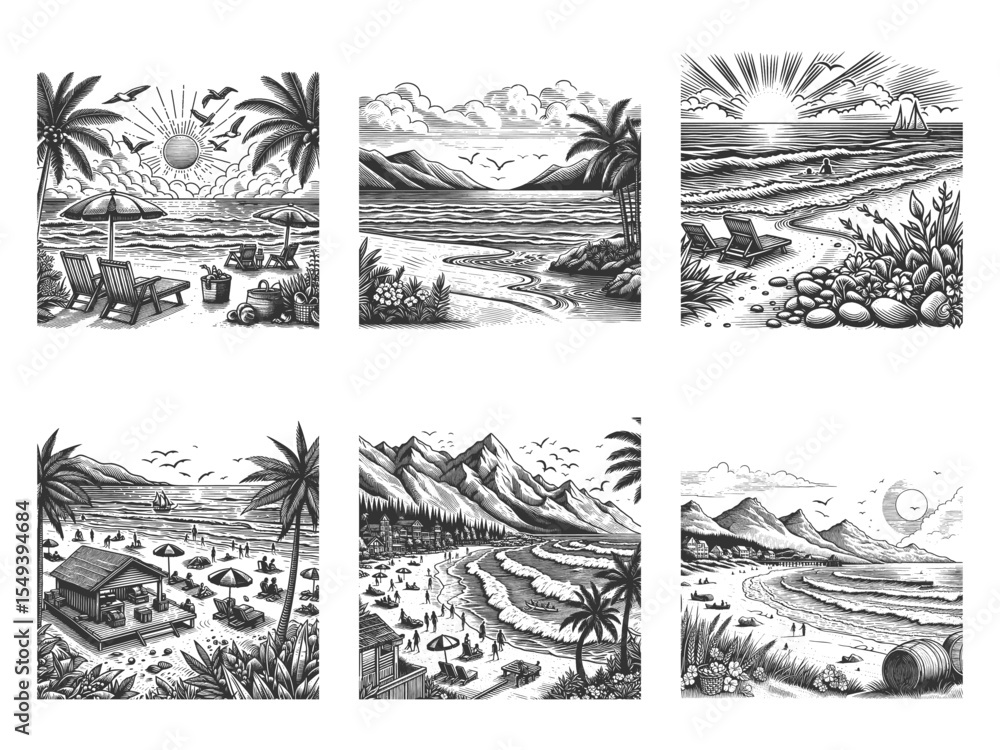 Poster beach landscape set collection bundle sketch engraving generative ai vector illustration. scratch bo