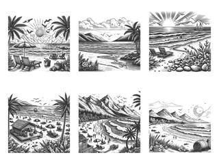 Beach Landscape Set collection bundle sketch engraving generative ai vector illustration. Scratch board imitation. Black and white image.