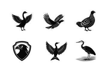 Obraz premium Six black silhouettes of birds in flight and resting