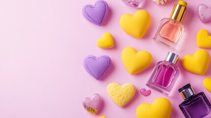 Pastel hearts and perfume bottles on a pink background
