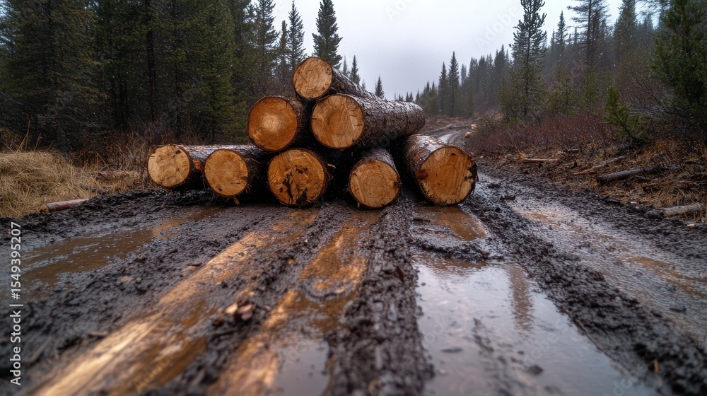 Poster a rugged scene showing a pile of logs placed on a muddy road in a forest, creating a moody atmospher