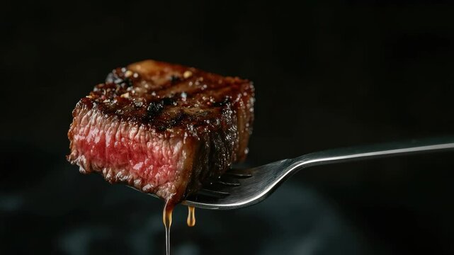 Juicy grilled steak served on a fork with perfect sear