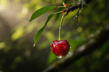 A single, ripe cherry hanging from a branch, glistening with water droplets.