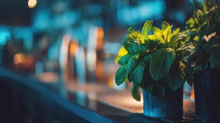 Mint leaves cluster on a softly blurred cocktail bar backdrop under perfect lighting