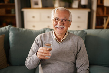 A senior man smiles warmly while holding a glass of water. He is seated on a soft couch in a welcoming living room filled with natural light, reflecting a relaxed atmosphere.