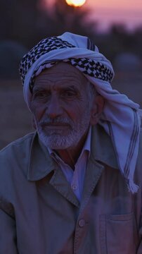 Elderly man wearing traditional headscarf is seated outdoors during sunset, reflecting on life and showcasing cultural heritage in a tranquil setting