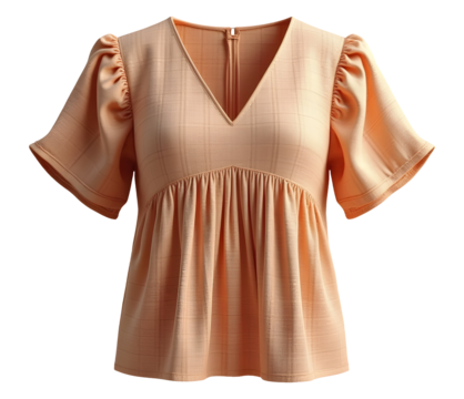 Comfortable peach top features gathered waist and puff sleeves for graceful look