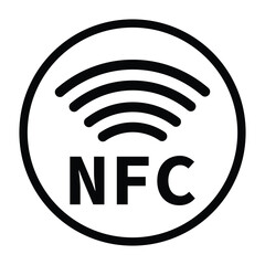 Minimalist black and white circular NFC icon with radio wave symbol. Clean, geometric design on white background. Flat, modern, and technical style ideal for tech and UI concepts.