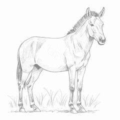 Somali Wild Ass – Equus africanus somaliensis. A hand-sketched donkey figure in a grazing posture within an open field. The illustration highlights shading and outline details on a white background
