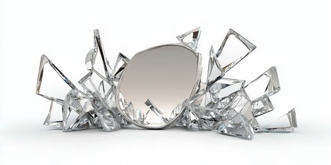 Shattered mirror with realistic reflective shards, isolated on white background