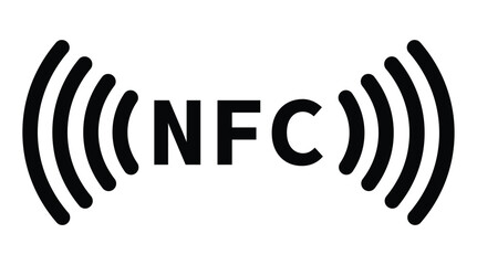 Minimalist black and white circular NFC icon with radio wave symbol. Clean, geometric design on white background. Flat, modern, and technical style ideal for tech and UI concepts.