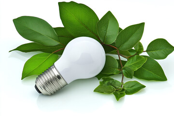 Green energy concept with a light bulb and a green leaf isolated on a white background, PNG photo cutout