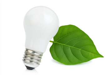 Green energy concept with a light bulb and a green leaf isolated on a white background, PNG photo cutout
