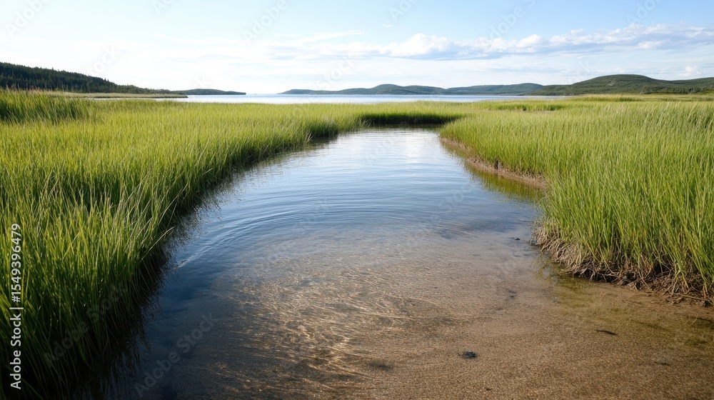 Poster a serene view of a waterway flowing through verdant grasslands under the soft sunlight, creating a t