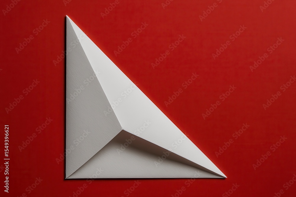 Poster white triangular form against a solid red background in studio shot