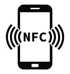 Minimalist black and white graphic of a smartphone with "NFC" on screen and wireless signal waves, symbolizing Near Field Communication technology in a clean, modern style.