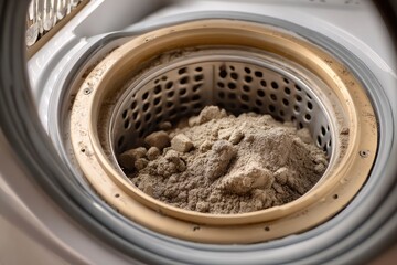A perforated metal drum within a white appliance holds a mound of grey granular material