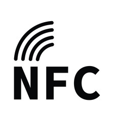 Minimalist black and white NFC logo with bold capital letters and radiating wave lines above. Clean, modern, and technical design on a plain white background, ideal for tech branding.