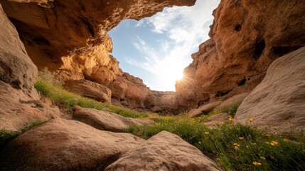 A breathtaking view of a canyon, illuminated by bright sunlight streaming through the rocks, showcasing nature's grandeur and the interplay of light and shadows.