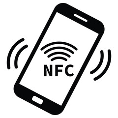 Minimalist black and white graphic of a smartphone with "NFC" on screen and wireless signal waves, symbolizing Near Field Communication technology in a clean, modern style.