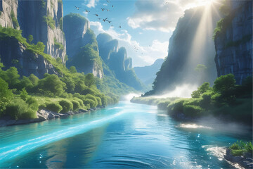 Scenic River Flowing Through Majestic Mountains Under Sunlight
