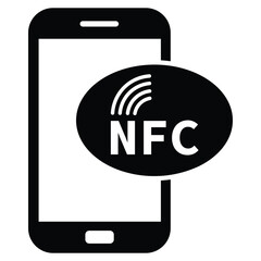 Minimalist black and white graphic of a smartphone with "NFC" on screen and wireless signal waves, symbolizing Near Field Communication technology in a clean, modern style.