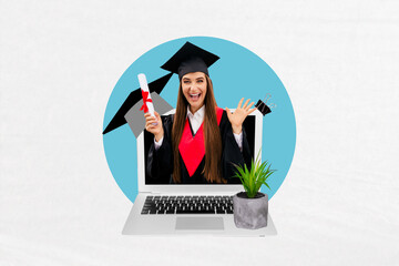 Sketch design trend artwork collage of young lady excited smile appear laptop display hold diploma...