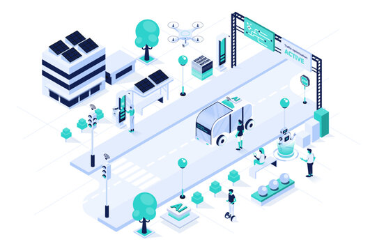Isometric vector illustration depicting artificial intelligence in public transportation. The scene shows a smart bus managed by AI systems, passengers using mobile apps, and a high-tech control tower