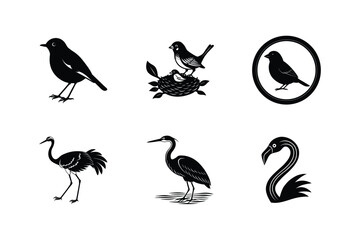 Bird silhouettes collection nest crane flamingo robin