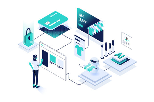Futuristic isometric illustration showing AI powered online shopping process. Concept includes a virtual shopper interacting with an e-commerce interface, secure card payment, product selection, robot